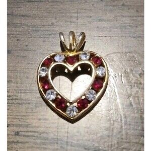 Valentine's Heart Necklace Charm Red And Clear Stones Gold Tone 1 Inch
